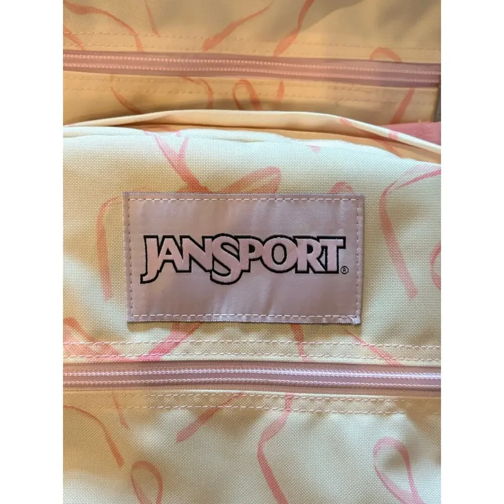 JanSport Big Student Cream & Pink Bow Print Backpack Coquette Preppy NWOT